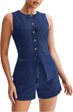 MakeMeChic Women's 2 Piece Outfit Button Round Neck Sleeveless Denim Blazer Vests and Shorts Set