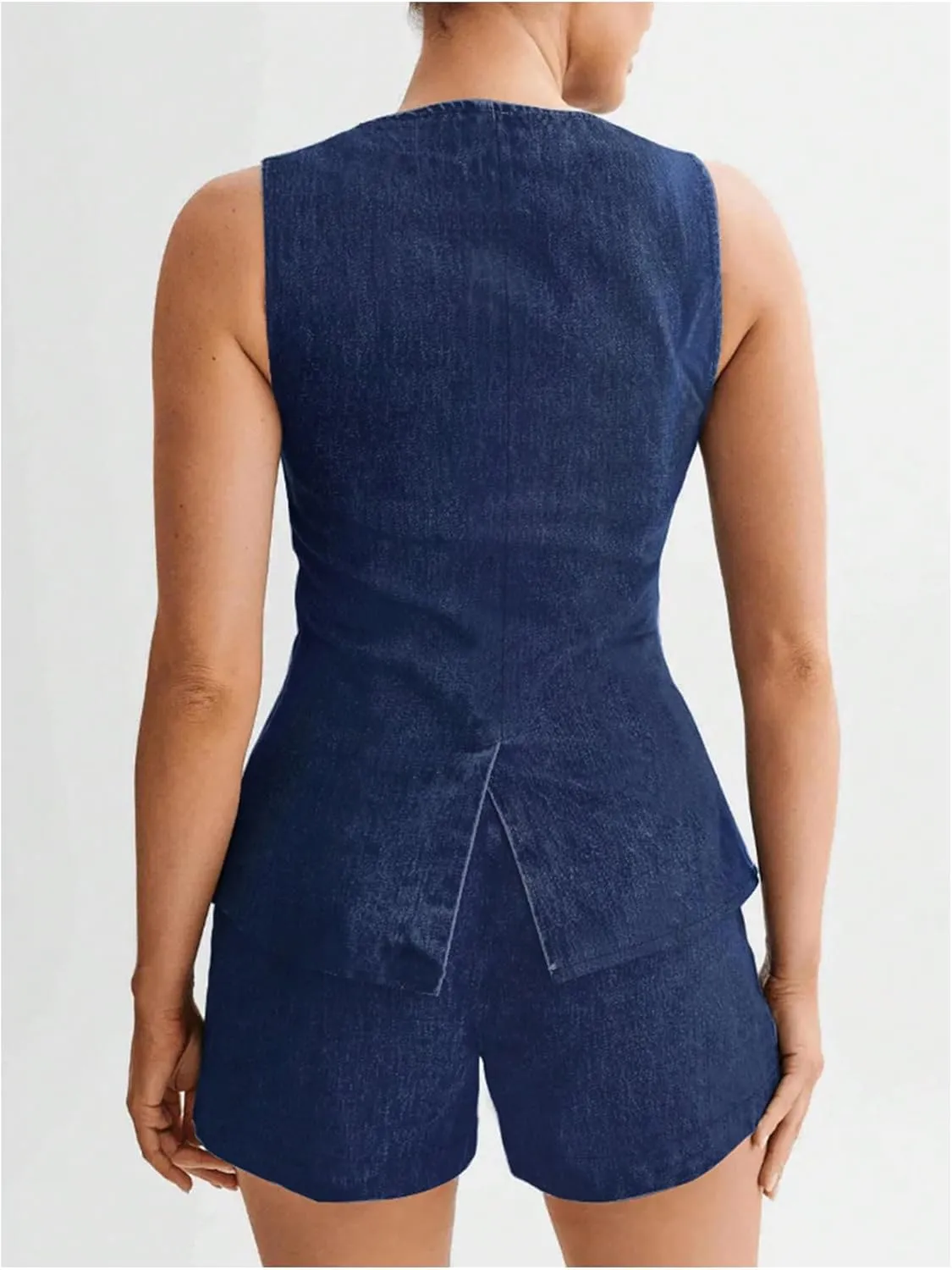 MakeMeChic Women's 2 Piece Outfit Button Round Neck Sleeveless Denim Blazer Vests and Shorts Set
