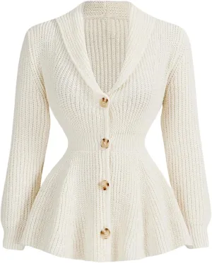 MakeMeChic Women's Long Sleeve V Neck Cardigan Flared Hem Button Down Sweater Knitwear