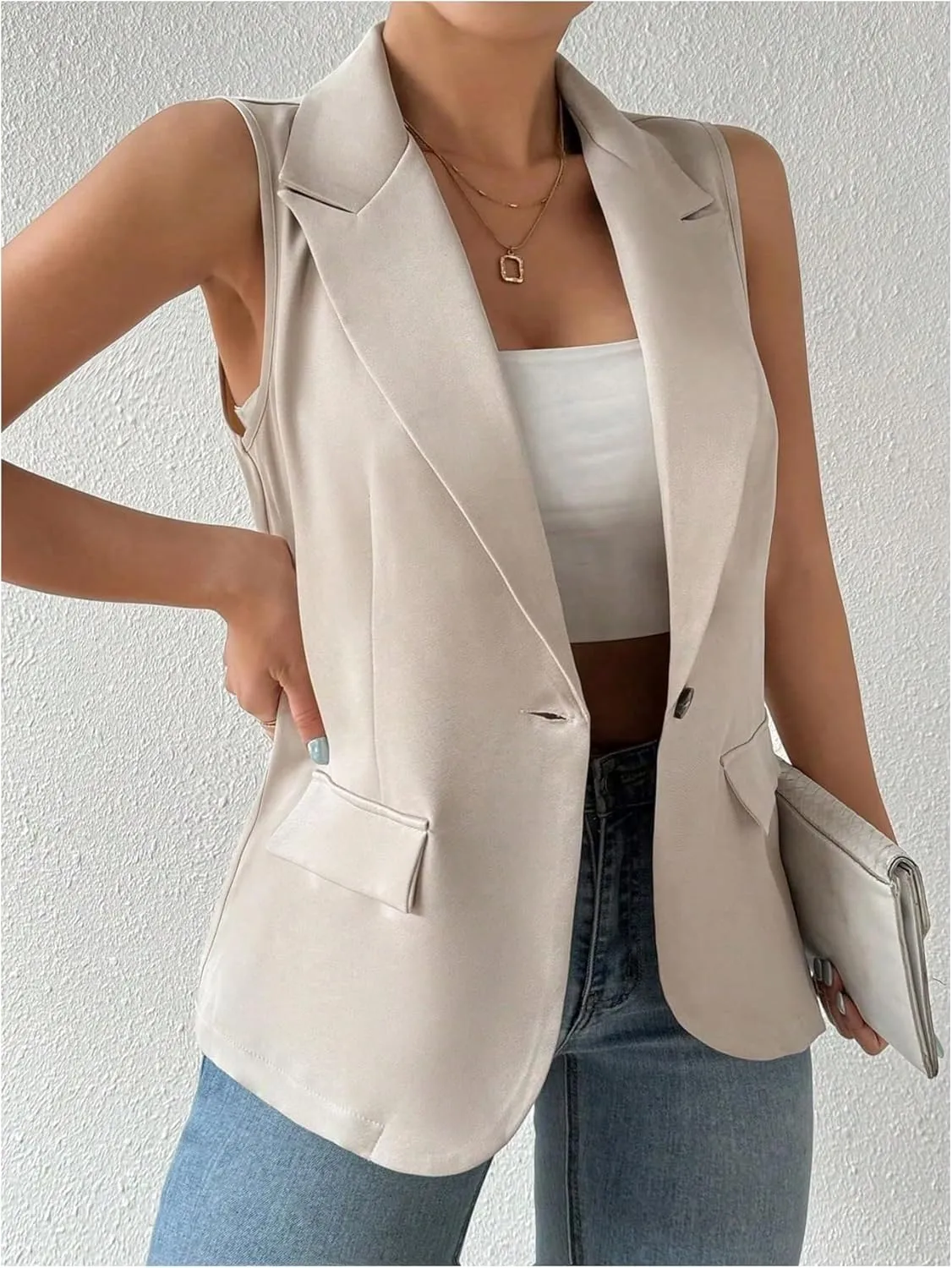 MakeMeChic Women's Plus Size Button Front Lapel Sleeveless Work Jacket Vest Blazer