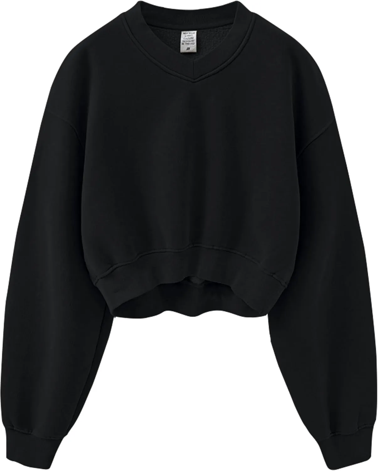 Meladyan Women Casual Cropped Sweatshirt Basic Solid Long Sleeve Fleece V Neck Loose Drop Shoulder Pullover Crop Tops Vintage