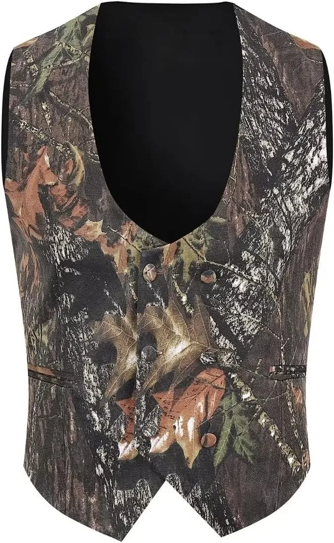 Mens Camouflage Vests for Wedding Slim Fit Double Breasted Formal Dress Waistcoat Vest Dark S