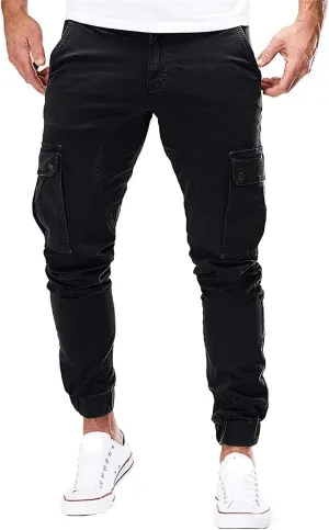 Mens Hiking Cargo Twill Pants Elastic Waist Trousers Jogger Chino Pant Slim Fit Tapered Work Trousers with Athletics Pocket (Black,X-Large)