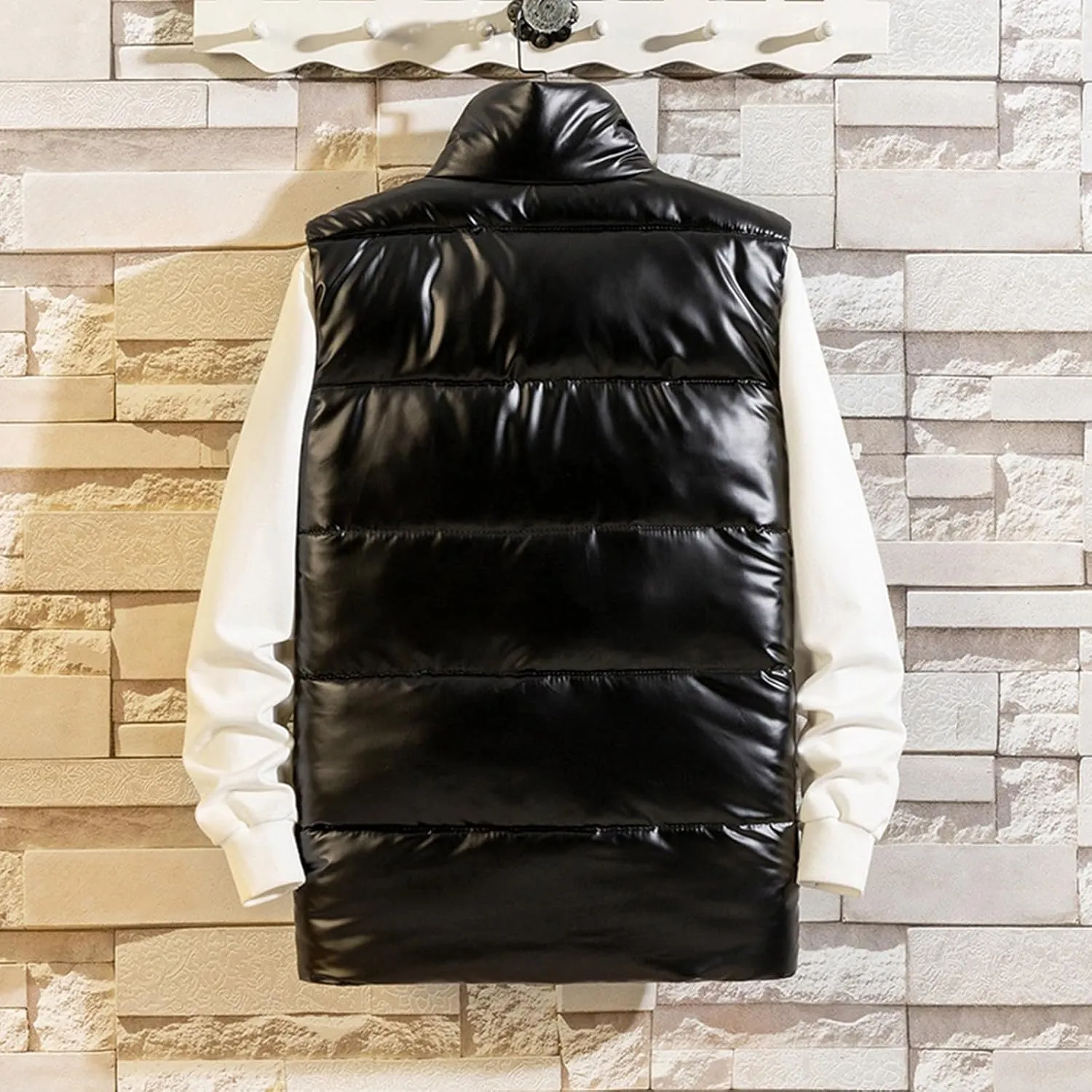 Men's Shiny Metallic Padded Vest Full Zip Winter Warm Sleeveless Puffer Jacket Casual Thick Outdoor Quilted Vest with Pockets