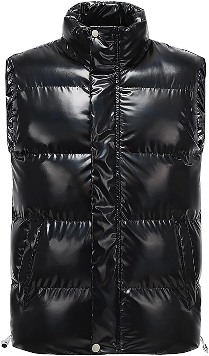Men's Shiny Metallic Padded Vest Full Zip Winter Warm Sleeveless Puffer Jacket Casual Thick Outdoor Quilted Vest with Pockets