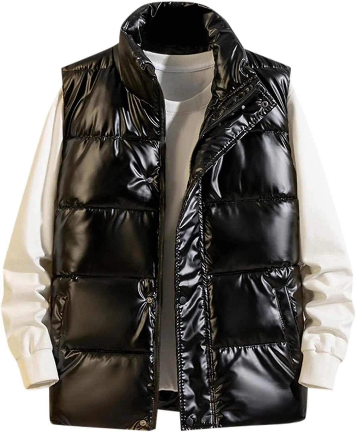 Men's Shiny Metallic Padded Vest Full Zip Winter Warm Sleeveless Puffer Jacket Casual Thick Outdoor Quilted Vest with Pockets