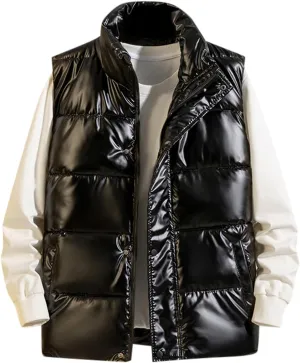 Men's Shiny Metallic Padded Vest Full Zip Winter Warm Sleeveless Puffer Jacket Casual Thick Outdoor Quilted Vest with Pockets