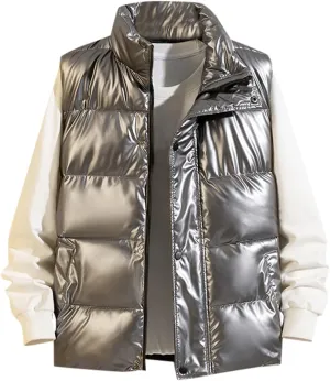 Men's Shiny Metallic Padded Vest Full Zip Winter Warm Sleeveless Puffer Jacket Casual Thick Outdoor Quilted Vest with Pockets