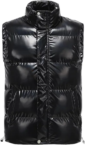 Men's Shiny Metallic Padded Vest Full Zip Winter Warm Sleeveless Puffer Jacket Casual Thick Outdoor Quilted Vest with Pockets