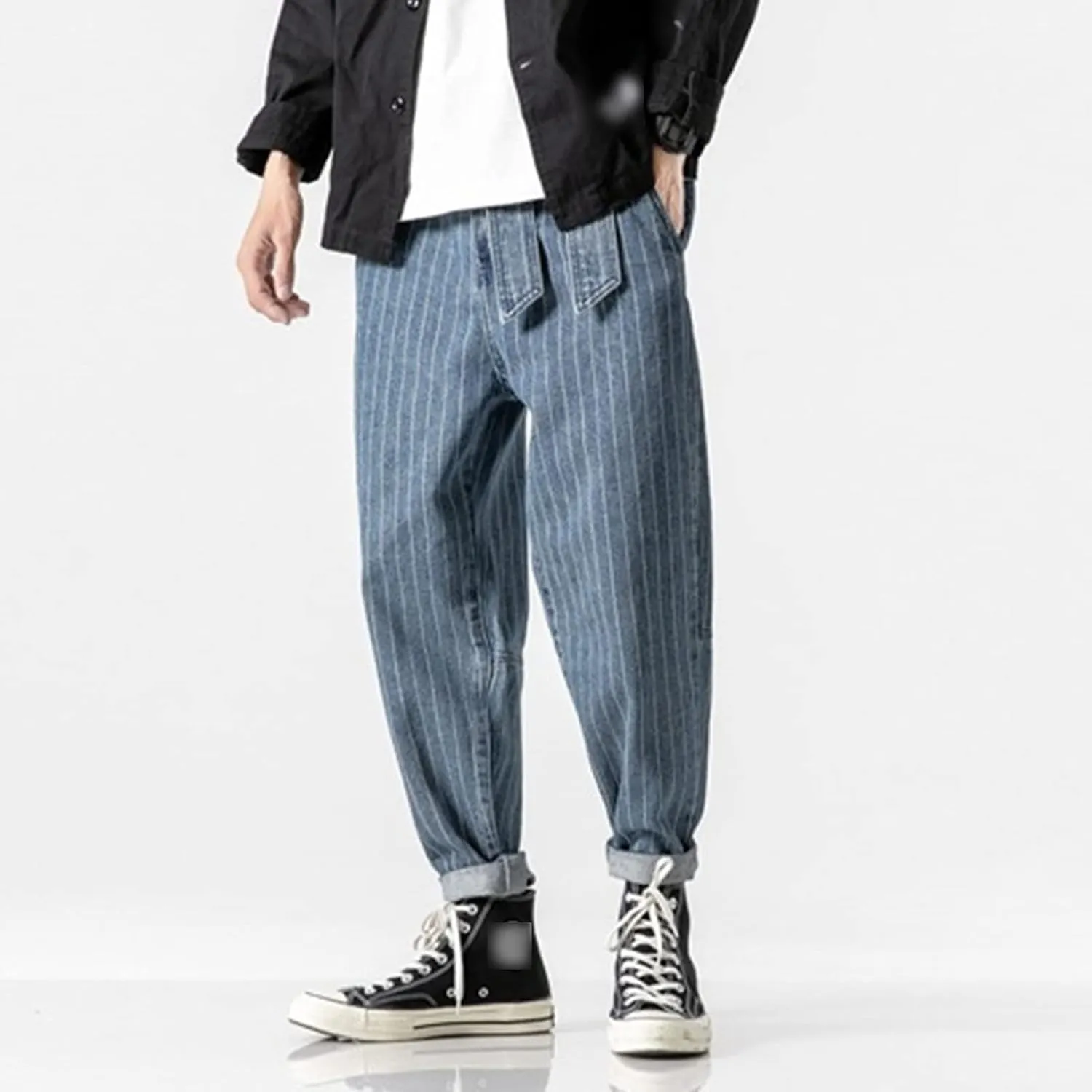 Men's Striped Harem Pants Vintage Casual Loose Cotton Denim Pants Plus Size Distressed Washed Jean Trousers