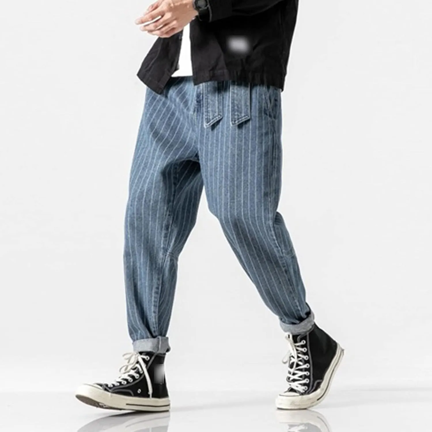 Men's Striped Harem Pants Vintage Casual Loose Cotton Denim Pants Plus Size Distressed Washed Jean Trousers