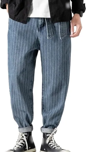 Men's Striped Harem Pants Vintage Casual Loose Cotton Denim Pants Plus Size Distressed Washed Jean Trousers