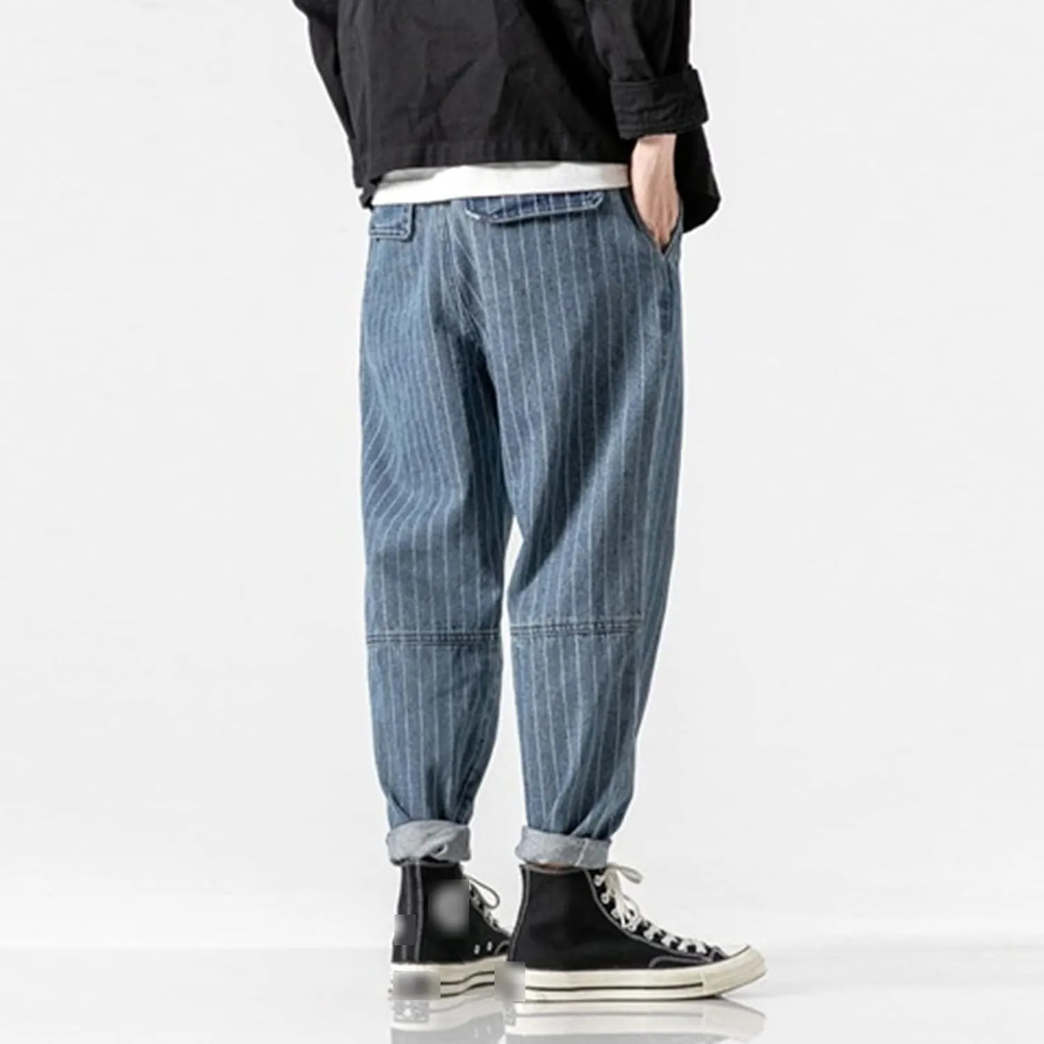 Men's Striped Harem Pants Vintage Casual Loose Cotton Denim Pants Plus Size Distressed Washed Jean Trousers