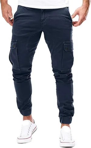 Men's Tapered Hiking Cargo Twill Pants Elastic Waist Trousers Jogger Chino Pant Slim Fit Work Trousers with Athletics Pocket (Blue,XX-Large)
