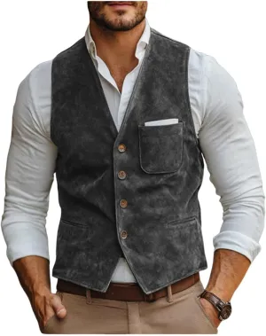 Men's V-Neck Suede Leather Suit Vest Slim Fit Western Cowboy Waistcoats for Wedding Party