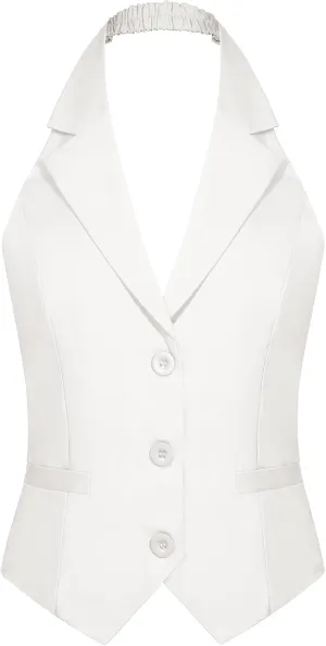 MINTLIMIT Womens Halter Neck Vest Notch Lapel Button Front Waistcoat Vintage Dressy Crop Tuxedo Suit Vests with Pockets