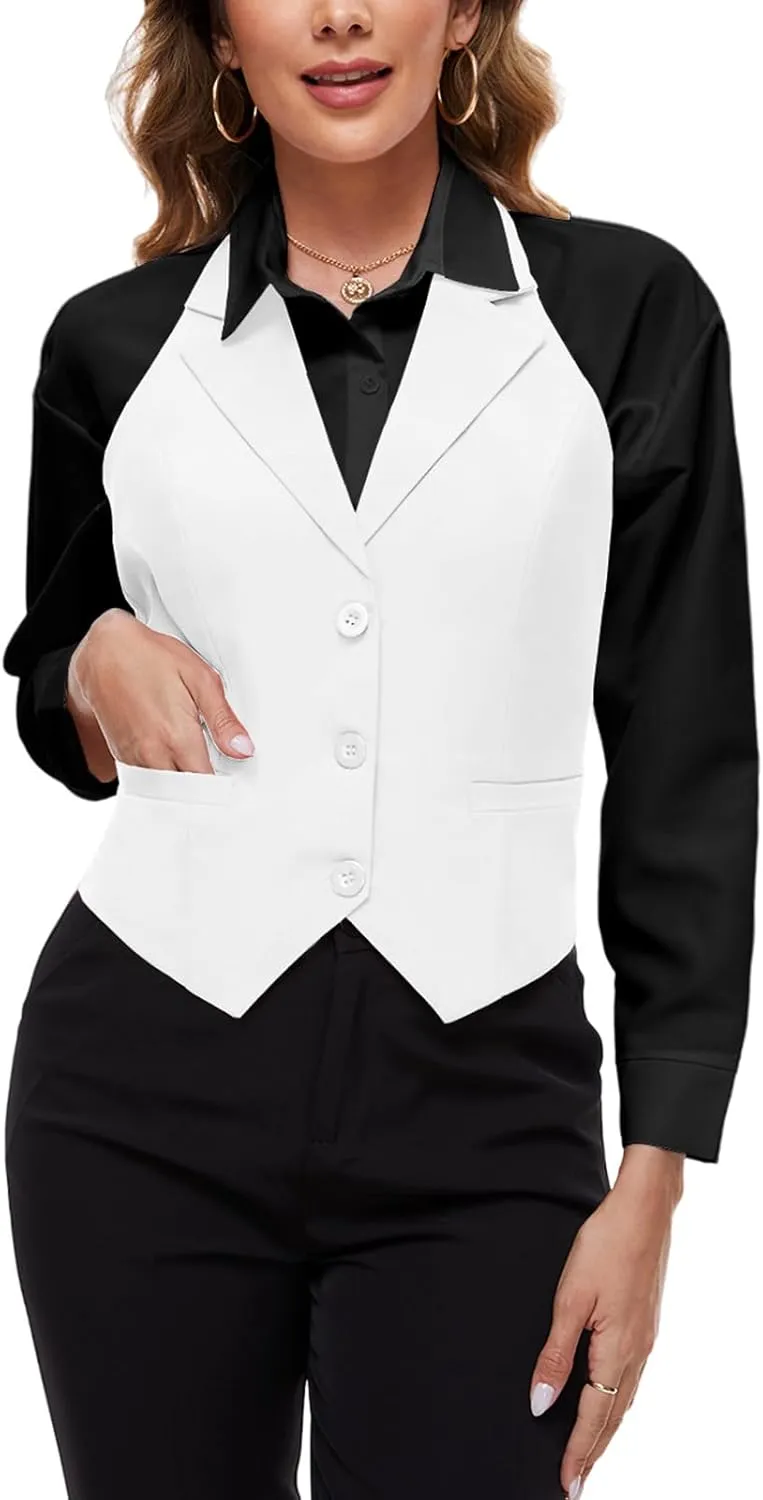 MINTLIMIT Womens Halter Neck Vest Notch Lapel Button Front Waistcoat Vintage Dressy Crop Tuxedo Suit Vests with Pockets