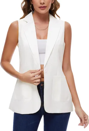 MINTLIMIT Womens Sleeveless Blazer Vest Open Front Lapel Button Casual Summer Business Work Jacket with Pockets (White, Size XL)