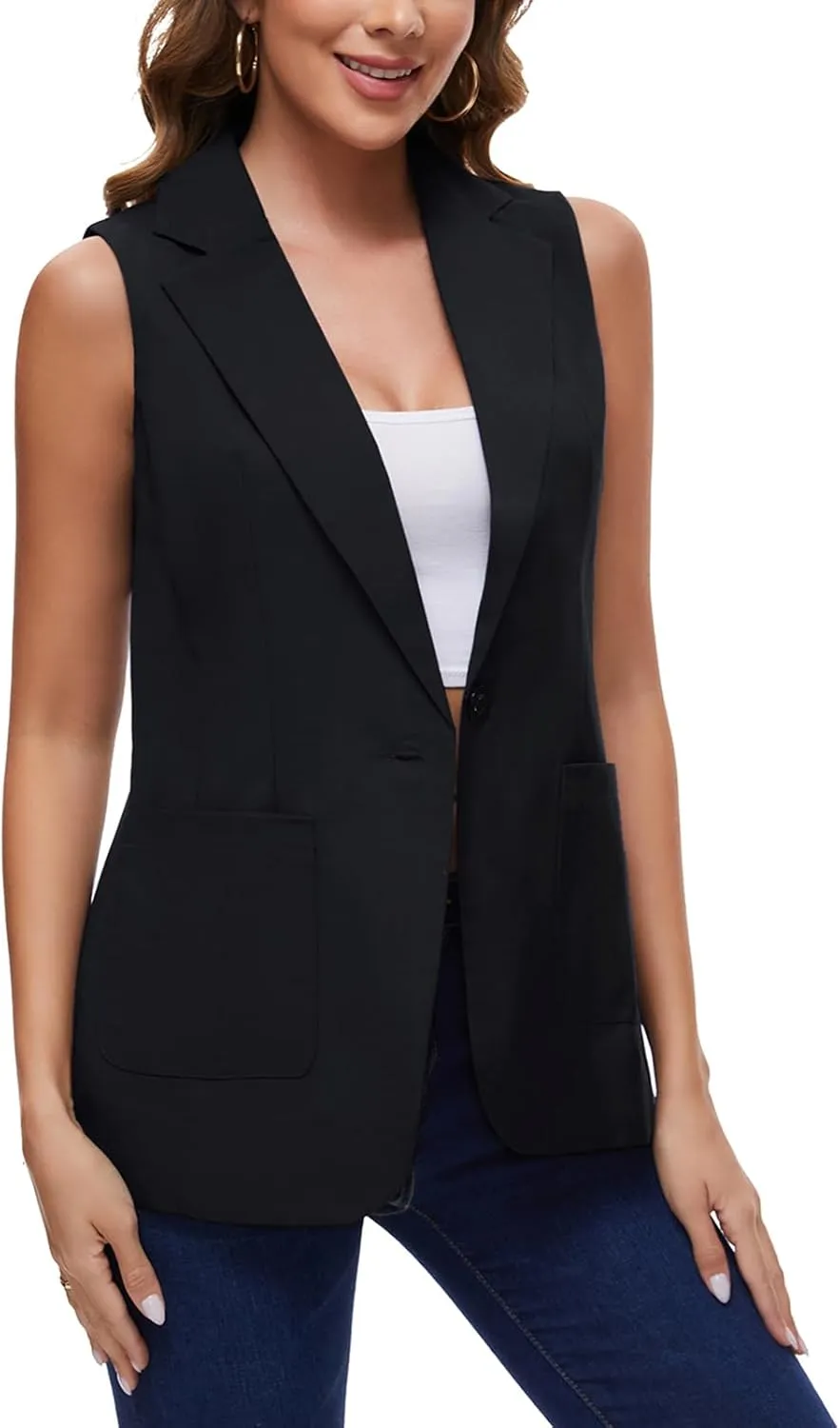 MINTLIMIT Women's Sleeveless Blazer Vest Summer Casual Open Front Lapel Collar Work Office Button Suit Vests with Pockets