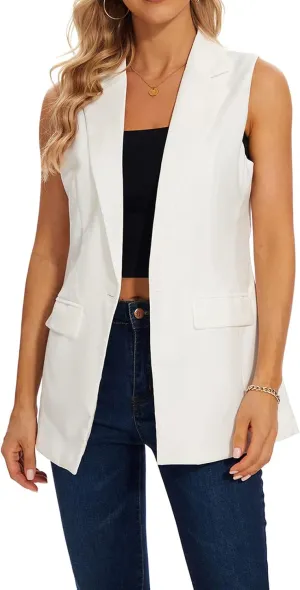 MINTLIMIT Women's Sleeveless Vest Long Blazer Vests Casual Open Front Trench Coat Jacket with Pockets (White, Size 2XL)