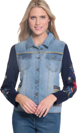 MULTIPLES Women's Cuffed Long Sleeves Two-Pocket Tab Back Buton Front Jean Jacket with Embroidery