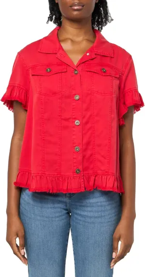 MULTIPLES Women's Short Sleeve 2-Pocket Ruffle Hem Jean Jacket, Red