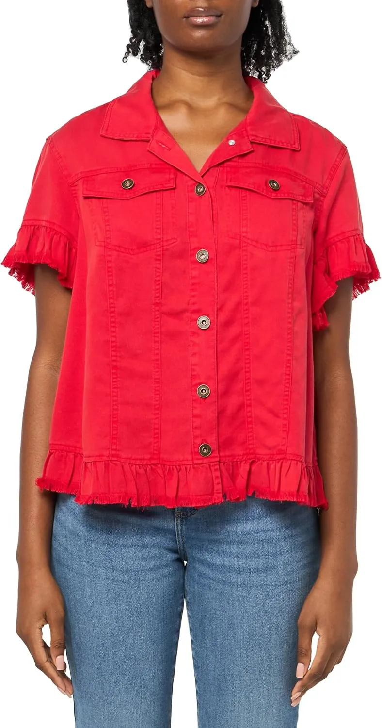 MULTIPLES Women's Short Sleeve 2-Pocket Ruffle Hem Jean Jacket, Red