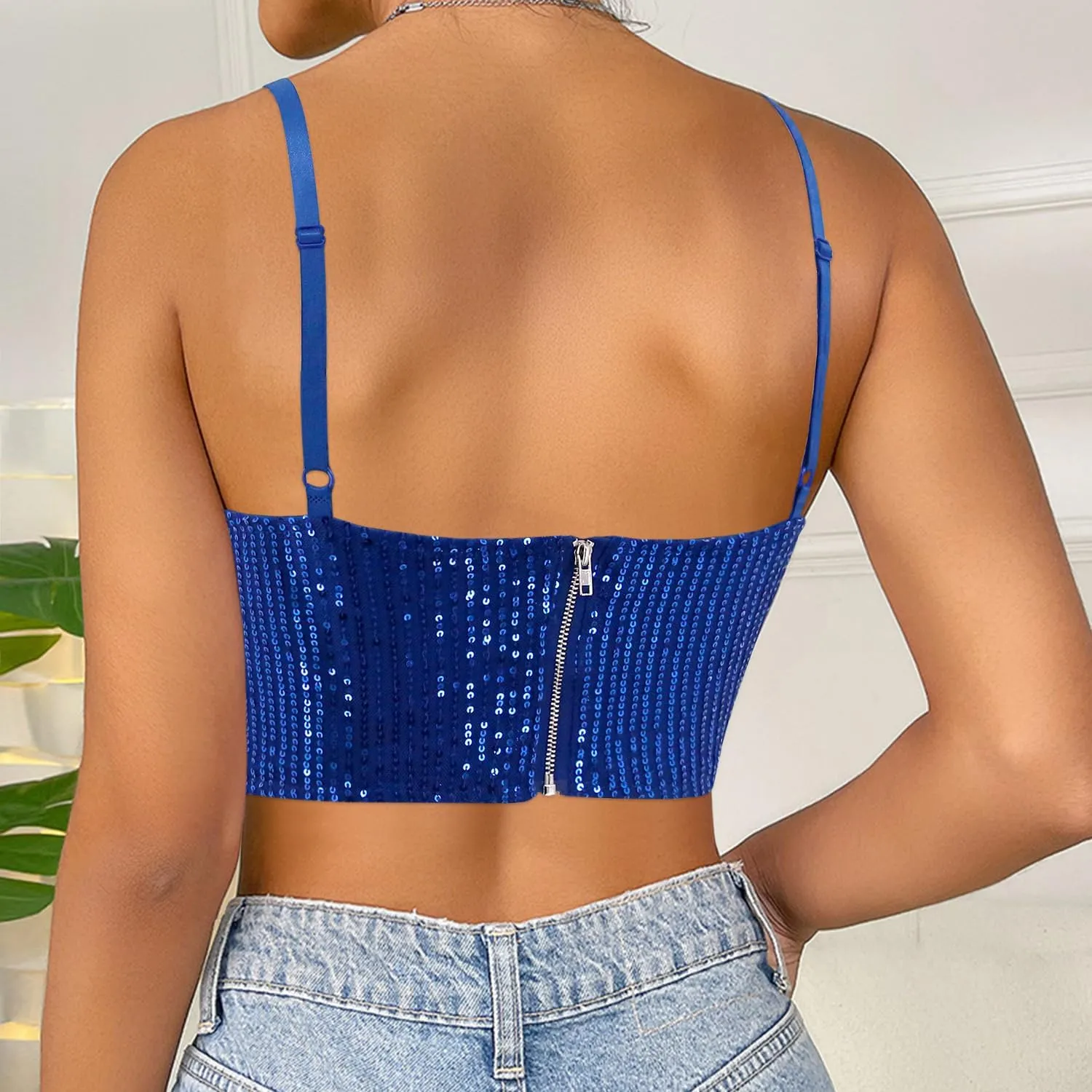 Naimo Women's Sparkle Sequin Crop Top Sleeveless V Neck Spaghetti Strap Tank Tops Vest Party Rave Shimmer Camisole