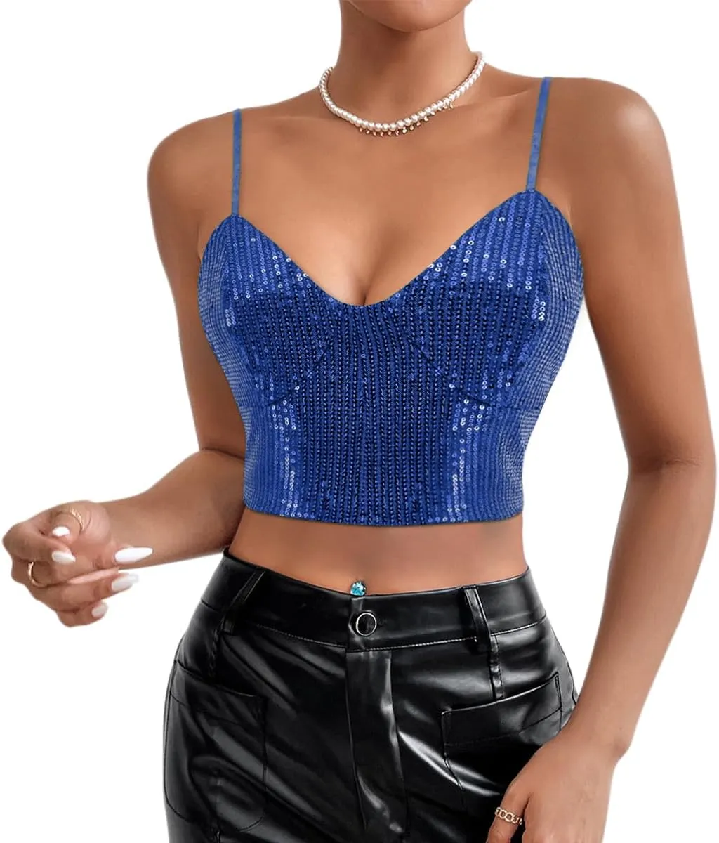 Naimo Women's Sparkle Sequin Crop Top Sleeveless V Neck Spaghetti Strap Tank Tops Vest Party Rave Shimmer Camisole