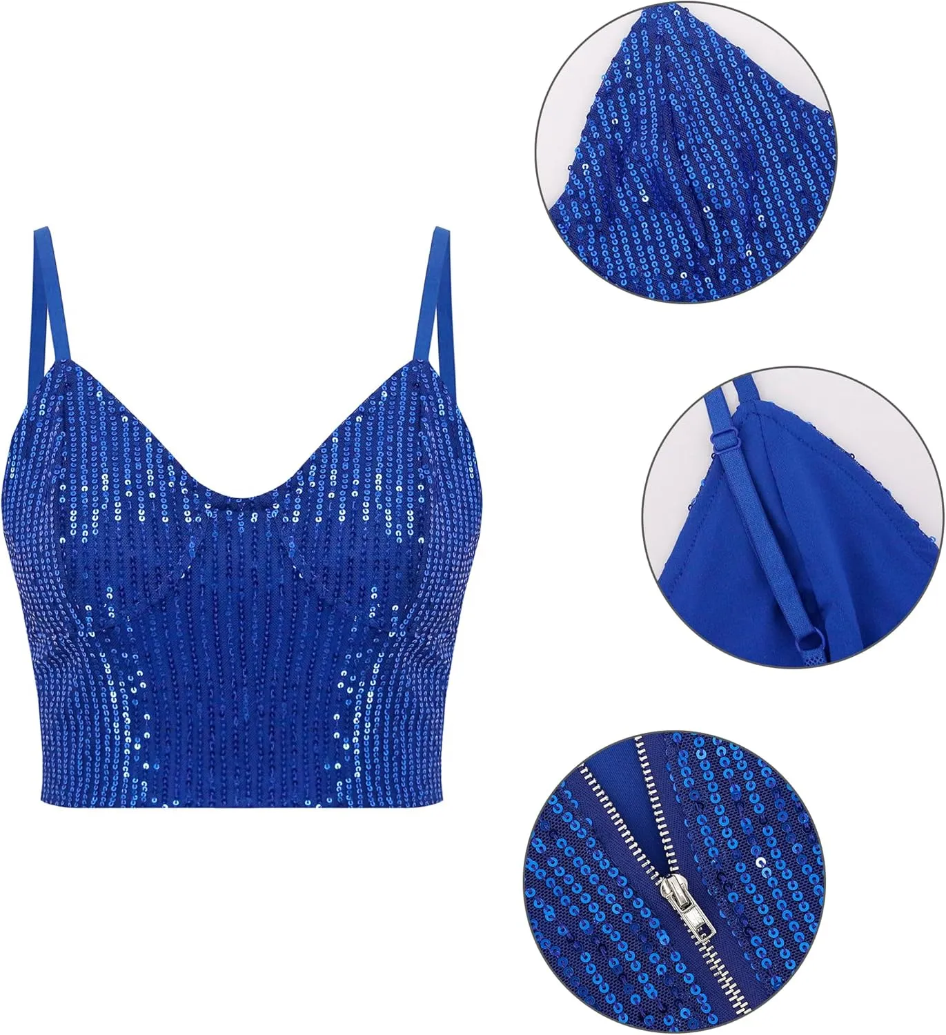 Naimo Women's Sparkle Sequin Crop Top Sleeveless V Neck Spaghetti Strap Tank Tops Vest Party Rave Shimmer Camisole