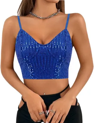 Naimo Women's Sparkle Sequin Crop Top Sleeveless V Neck Spaghetti Strap Tank Tops Vest Party Rave Shimmer Camisole