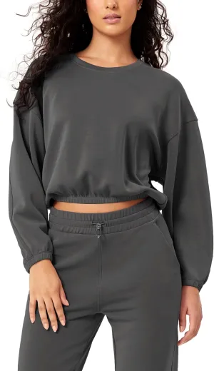 ODODOS Women's Modal Soft Gathered Cropped Sweatshirts Long Sleeve Elastic Hem Crew Neck Pullover Tops