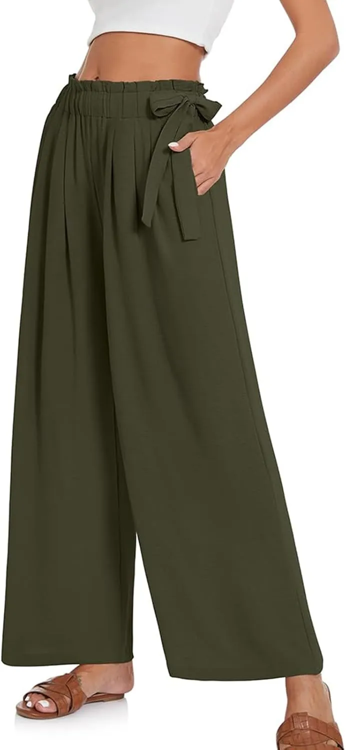 Palazzo Pants for Women Wide Leg Trousers Lightweight Linen Blend Casual Summer Beachwear High Waist Elastic Design
