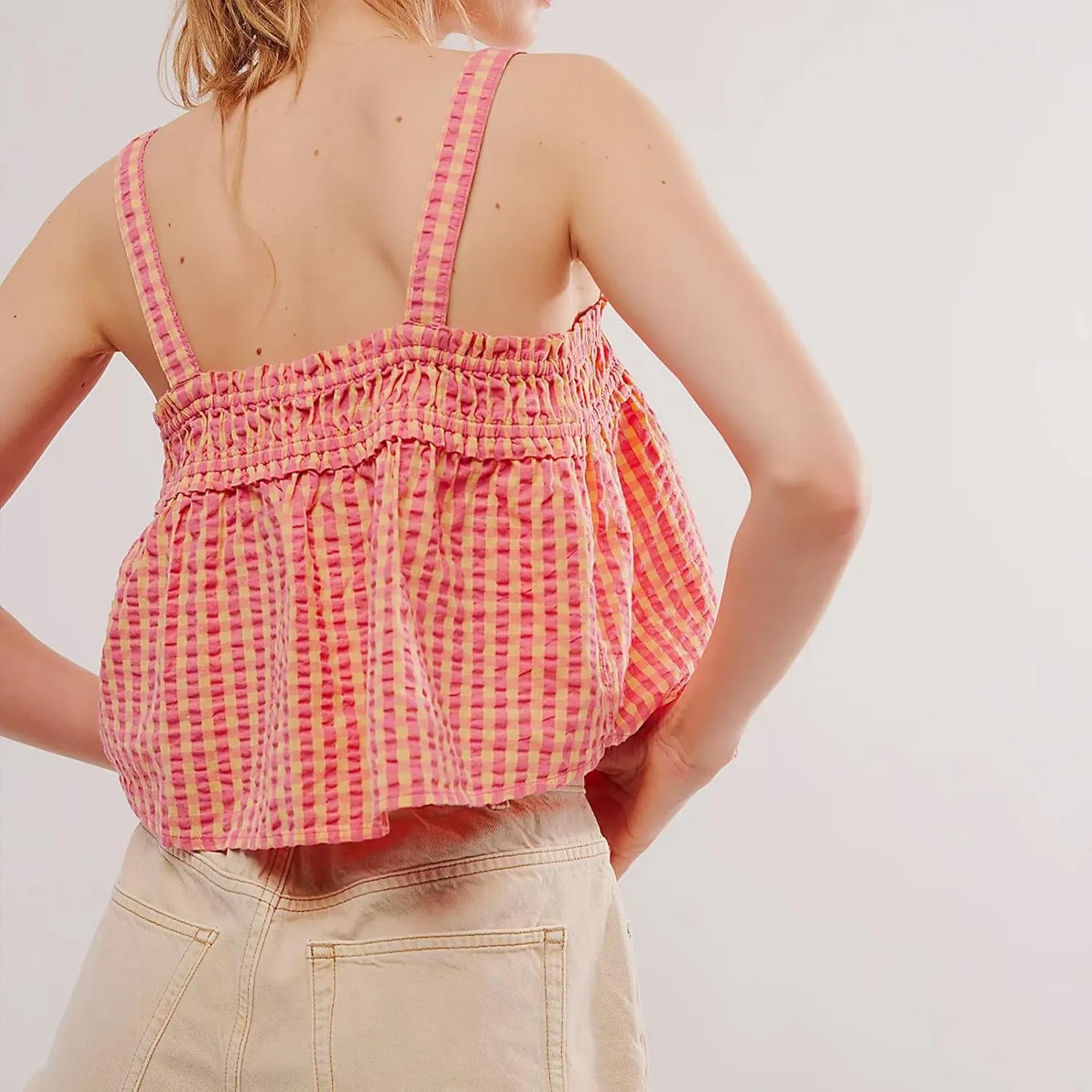 Plaid Cami Top for Women Y2K Tie Front Square Neck Camisole Summer Sleeveless Gingham Cropped Vest Cute Cami Shirt