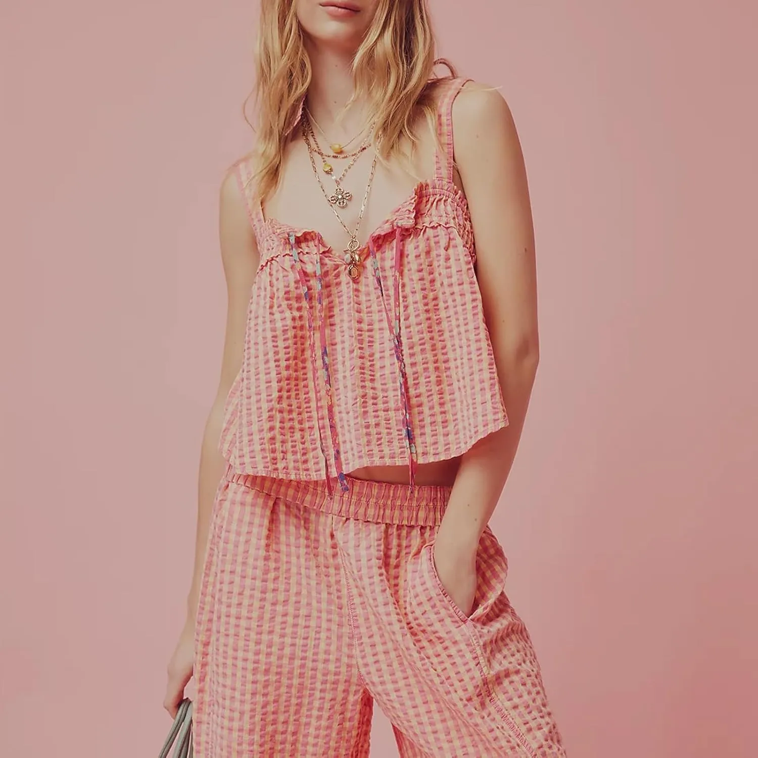 Plaid Cami Top for Women Y2K Tie Front Square Neck Camisole Summer Sleeveless Gingham Cropped Vest Cute Cami Shirt