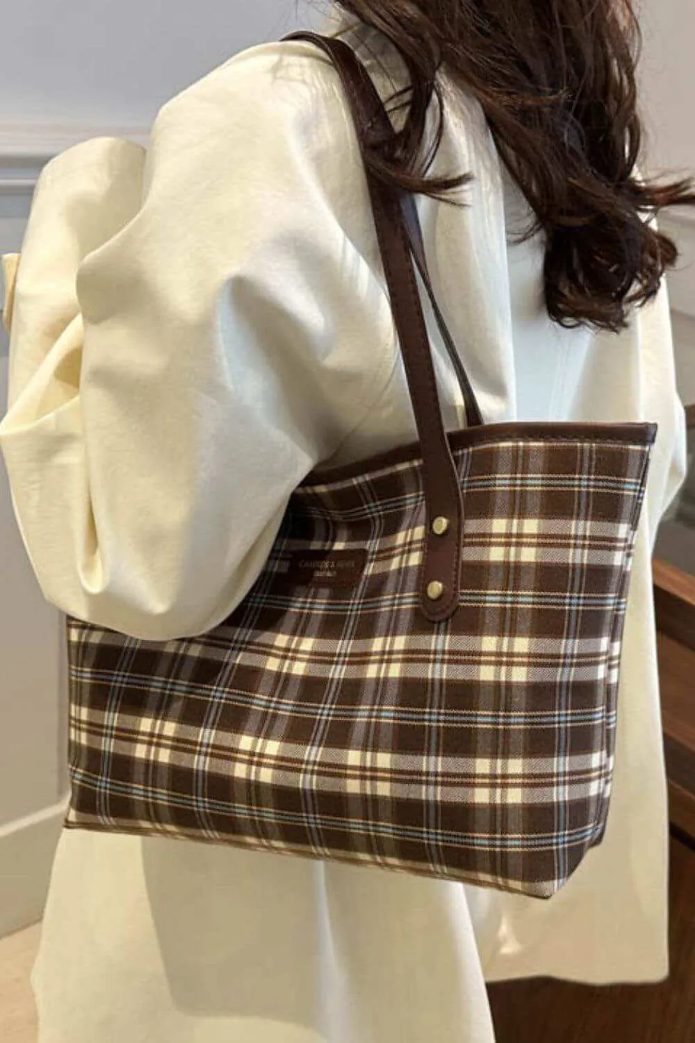 Plaid Leather Tote Bag  For Women