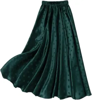 Pulcykp Women Mulberry Silk Large Swing Midi Skirts Solid Elastic Waist Floral Pattern Satin Midi Skirt