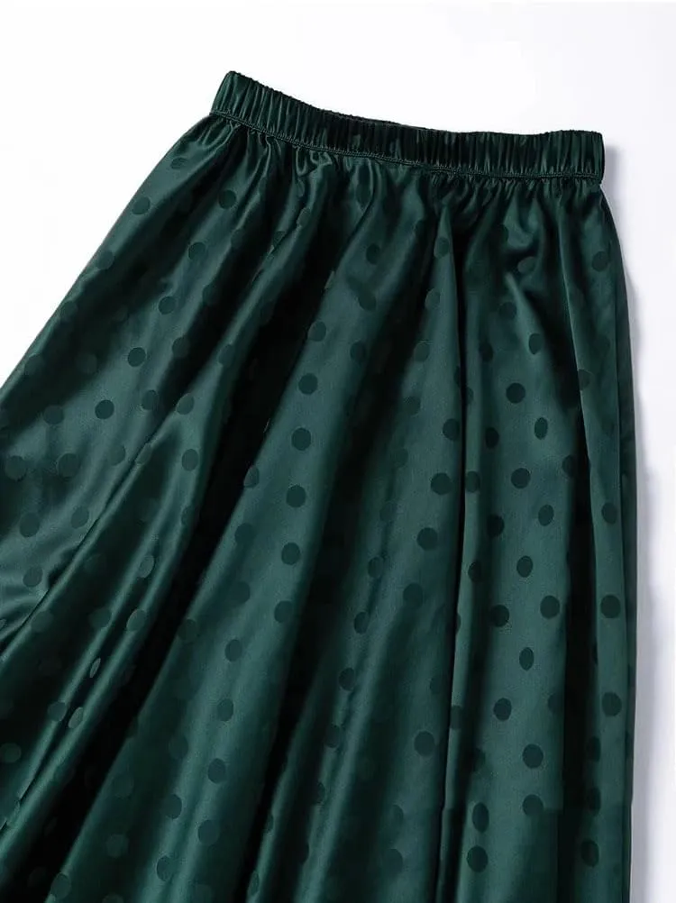 Pulcykp Women Mulberry Silk Large Swing Midi Skirts Solid Elastic Waist Floral Pattern Satin Midi Skirt