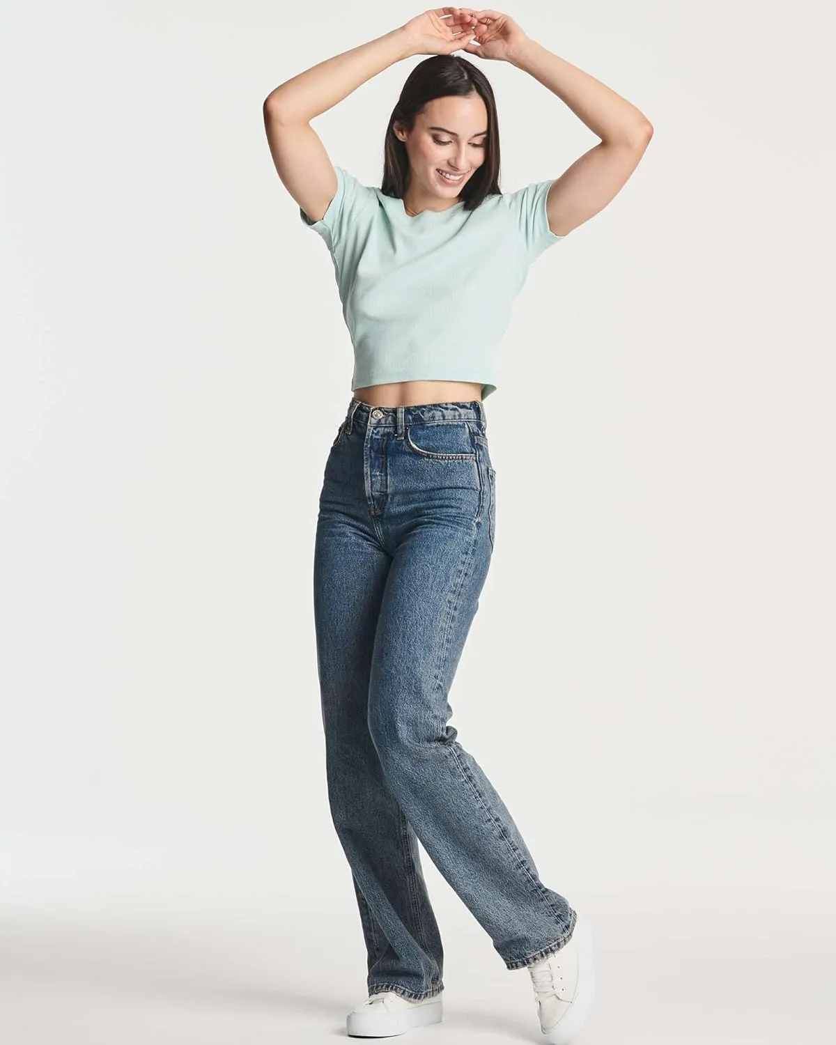 Real Essentials 4-Pack: Women's Short Sleeve Ribbed Knit Cotton Crew Neck Crop Top T-Shirt - (Available in Plus)