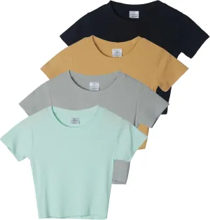 Real Essentials 4-Pack: Women's Short Sleeve Ribbed Knit Cotton Crew Neck Crop Top T-Shirt - (Available in Plus)