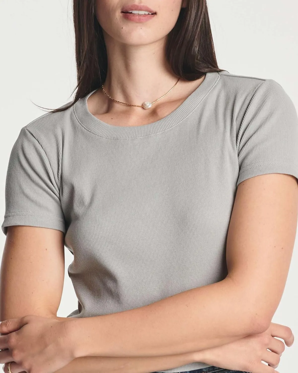 Real Essentials 4-Pack: Women's Short Sleeve Ribbed Knit Cotton Crew Neck Crop Top T-Shirt - (Available in Plus)