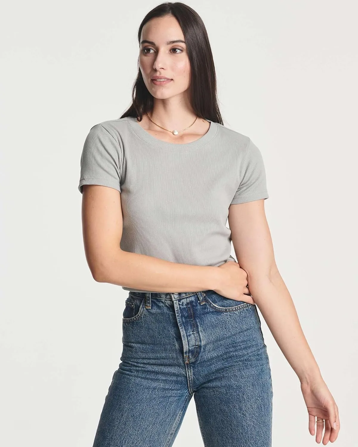 Real Essentials 4-Pack: Women's Short Sleeve Ribbed Knit Cotton Crew Neck Crop Top T-Shirt - (Available in Plus)