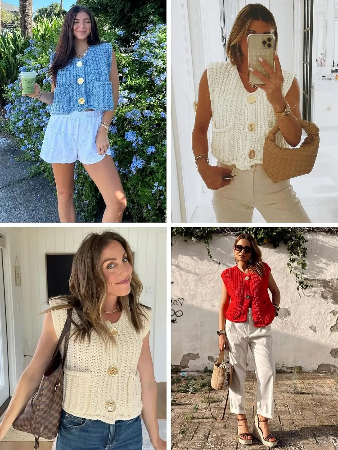 Saodimallsu Womens Sleeveless Cropped Sweater Vest Crochet Chunky Knit Button Down Cardigan Vests Tops with Pockets