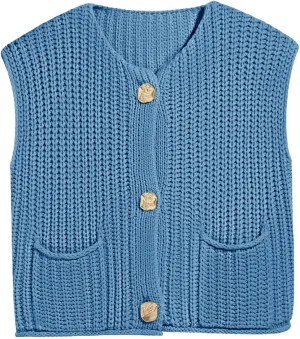 Saodimallsu Womens Sleeveless Cropped Sweater Vest Crochet Chunky Knit Button Down Cardigan Vests Tops with Pockets