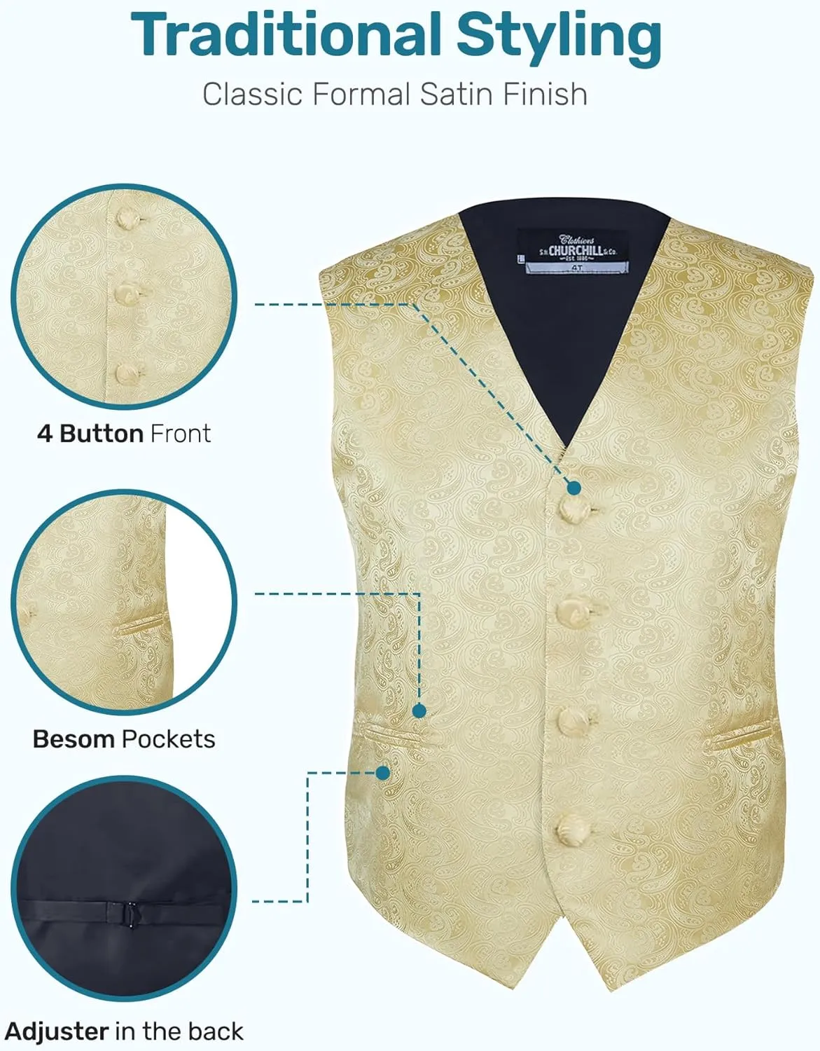S.H. Churchill & Co. Boys 4 Piece Formal Paisley Vest and Tie Set