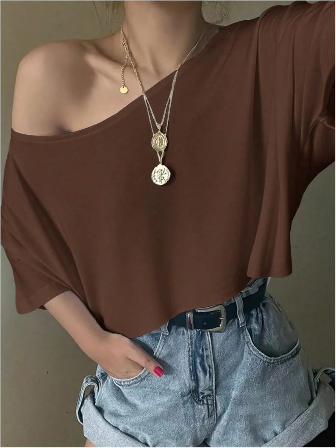 SHENHE Women's Crop Top Asymmetrical Neck Half Sleeve Loose T Shirt Off Shoulder Tops