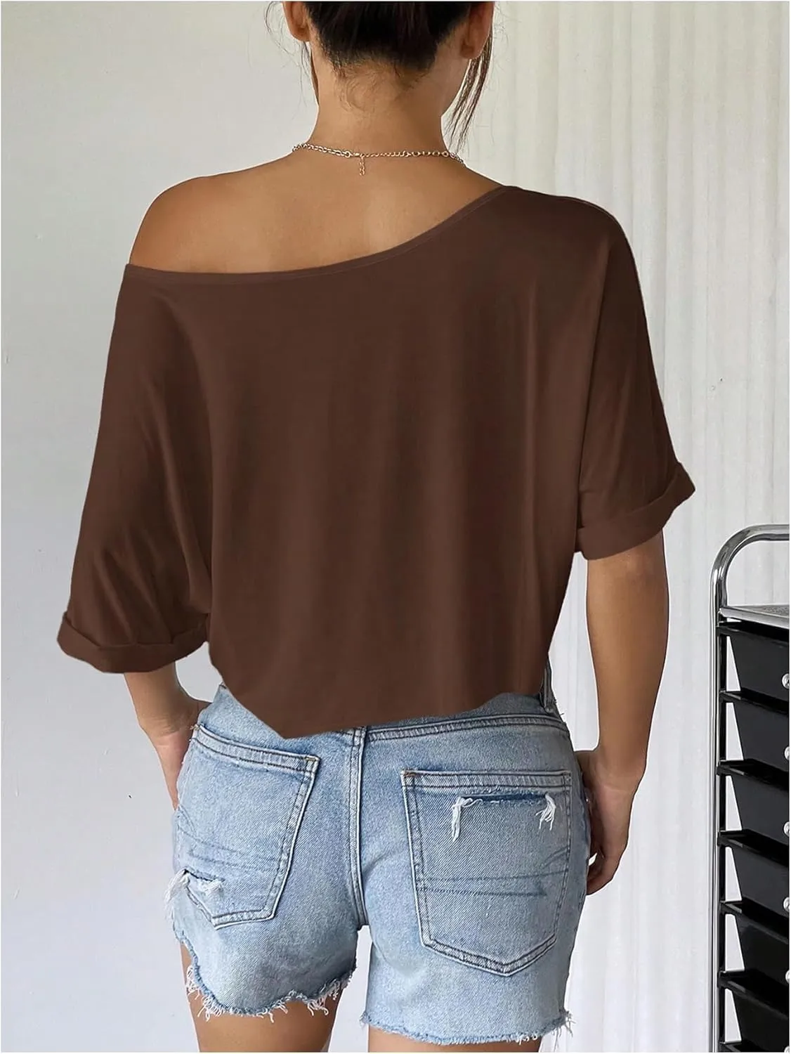 SHENHE Women's Crop Top Asymmetrical Neck Half Sleeve Loose T Shirt Off Shoulder Tops