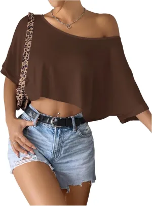 SHENHE Women's Crop Top Asymmetrical Neck Half Sleeve Loose T Shirt Off Shoulder Tops