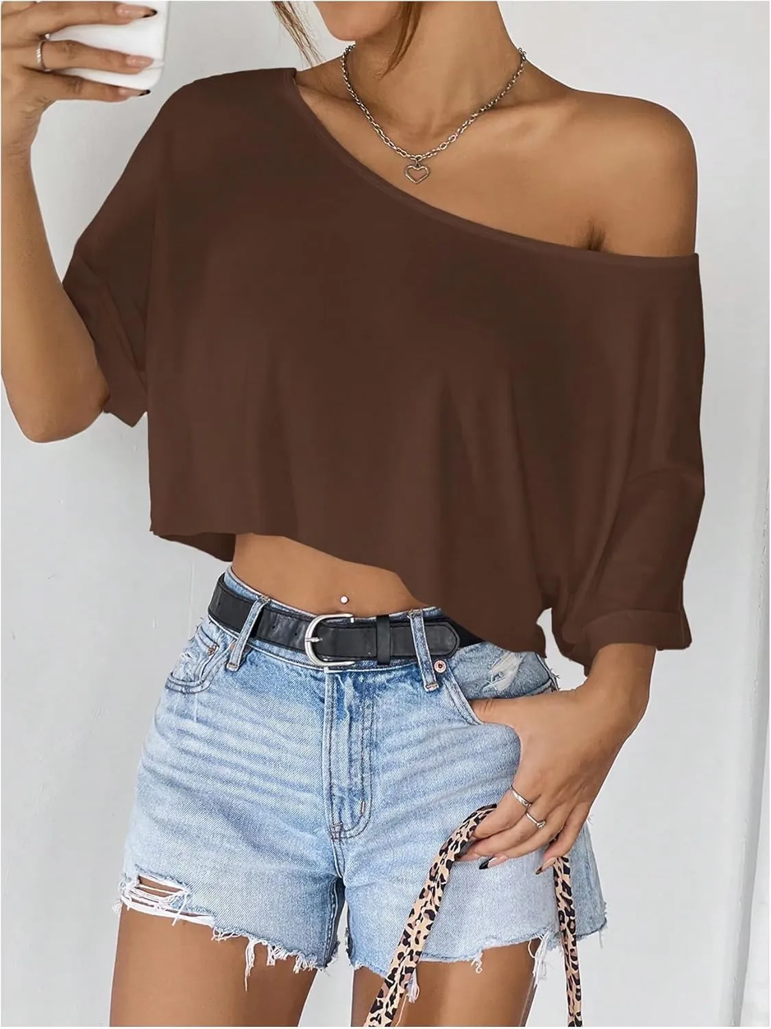 SHENHE Women's Crop Top Asymmetrical Neck Half Sleeve Loose T Shirt Off Shoulder Tops