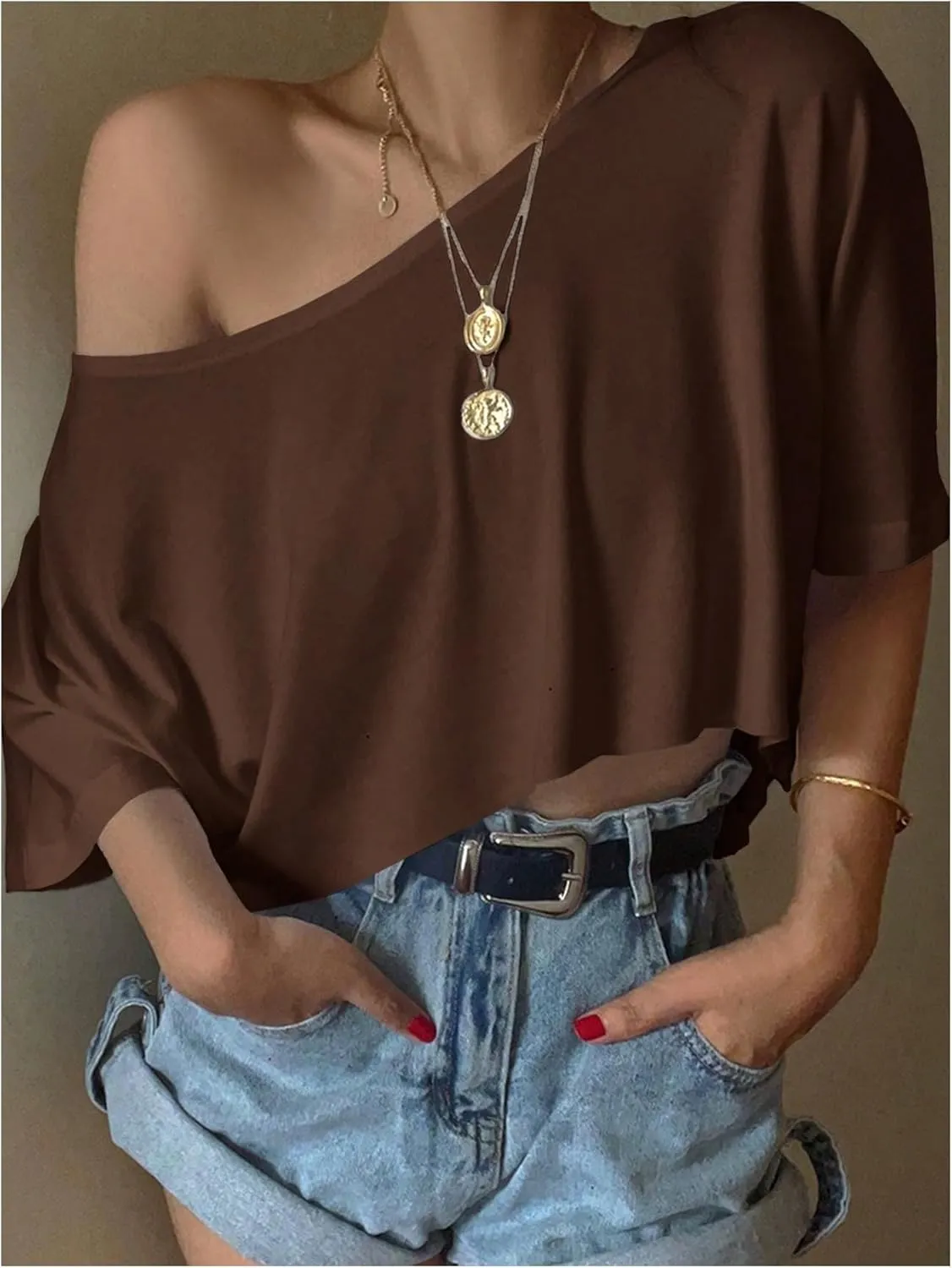 SHENHE Women's Crop Top Asymmetrical Neck Half Sleeve Loose T Shirt Off Shoulder Tops
